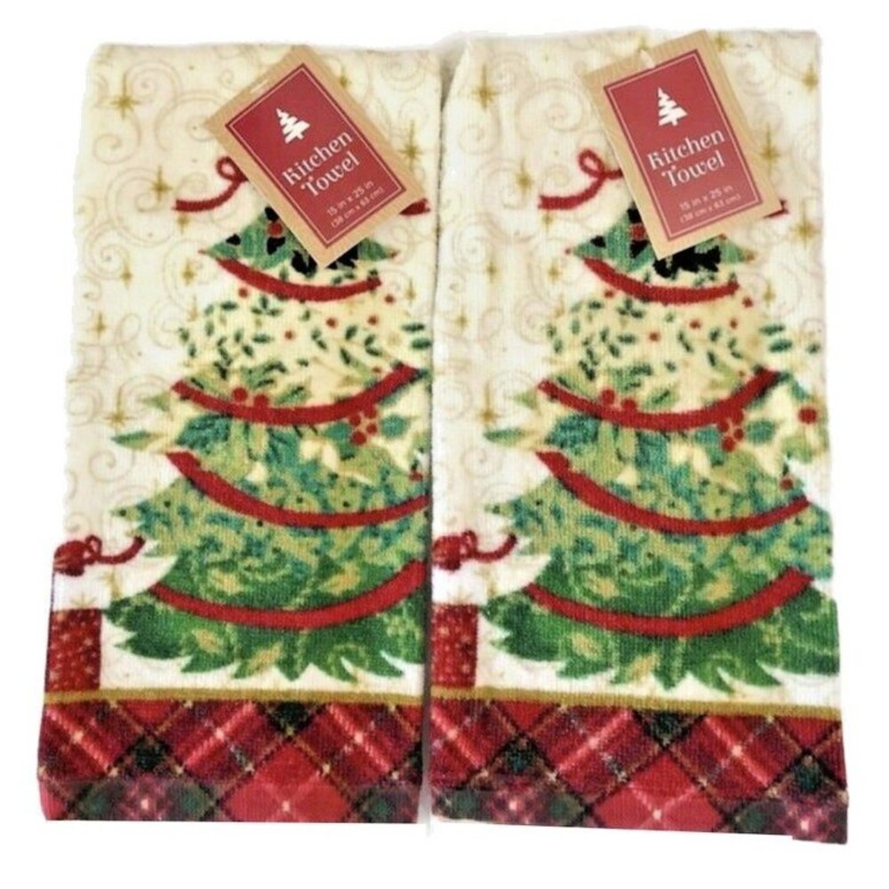 Christmas Tree Kitchen Dish Towels Set of 2 Holiday 100% Cotton 15x25 Red Plaid